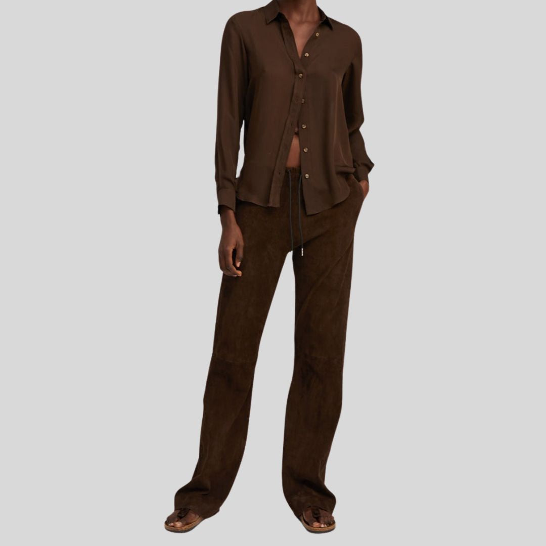 front view of dark brown suede pants for women