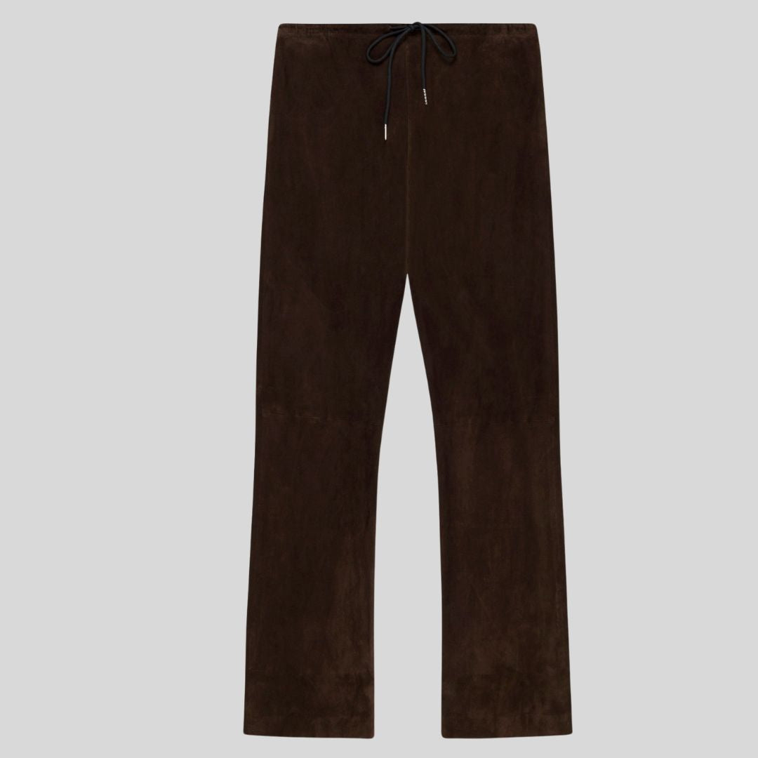 flat front view of brown suede pants with drawstring waist