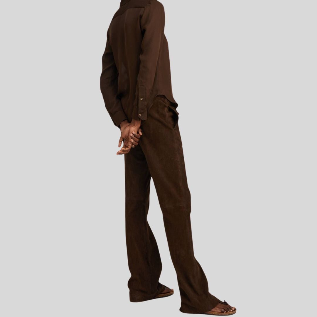  side view of dark brown suede relaxed pants