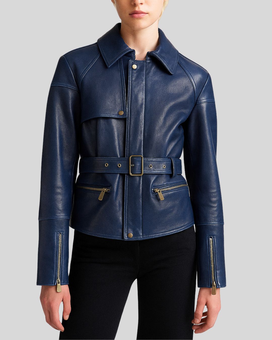Front view navy blue leather jacket women with belt and brass hardware