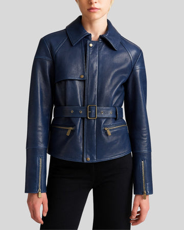 Front view navy blue leather jacket women with belt and brass hardware