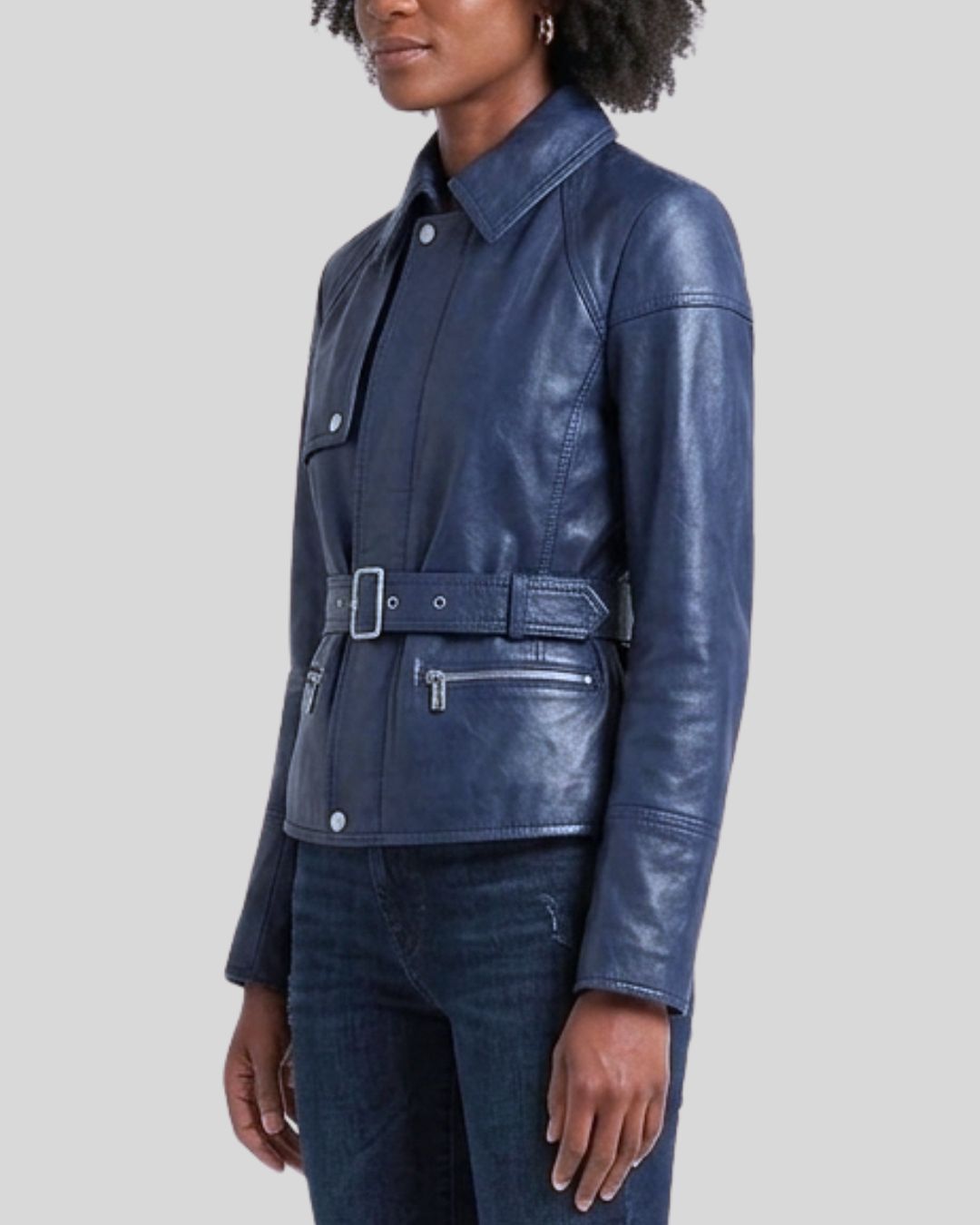 Midnight Navy Belted Leather Jacket