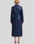 Back view of navy blue leather trench coat for women