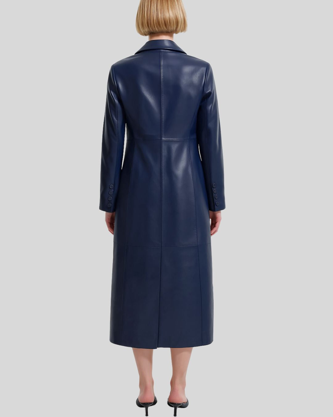 Back view of navy blue leather trench coat for women