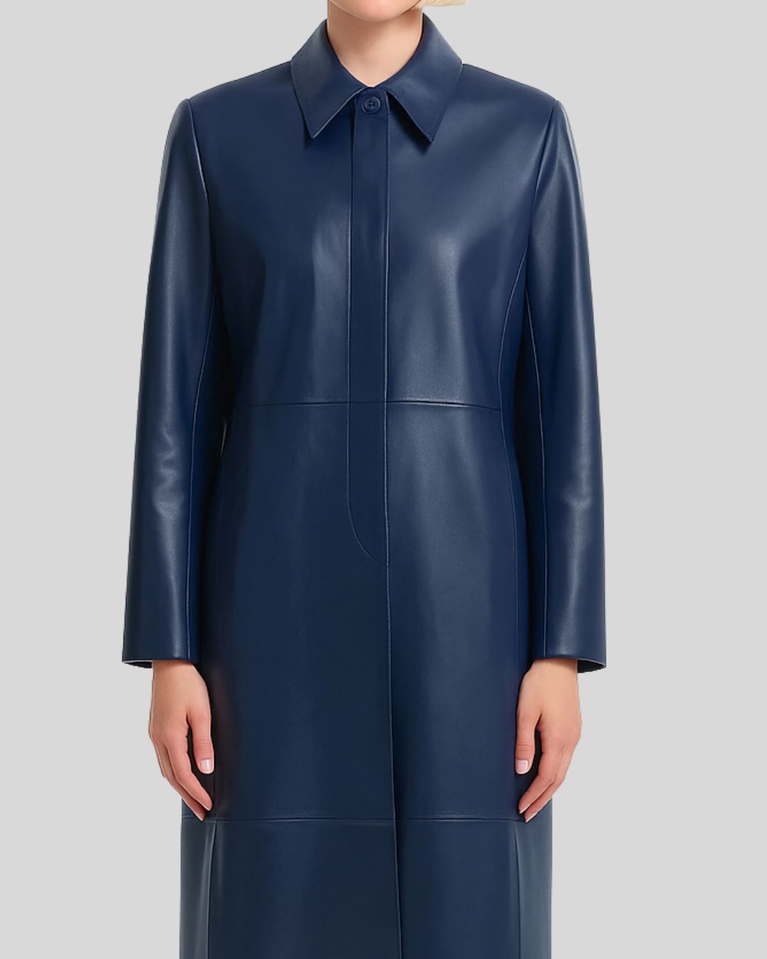Close-up of navy blue leather trench coat collar and placket