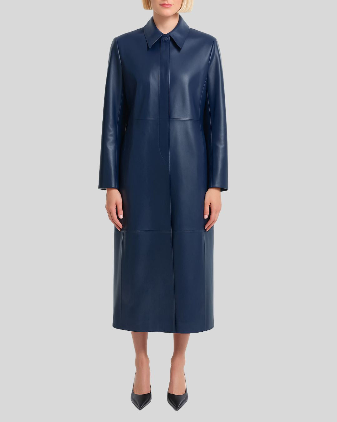Navy blue leather trench coat for women – full front view, minimalist longline design