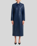 Navy blue leather trench coat for women – full front view, minimalist longline design