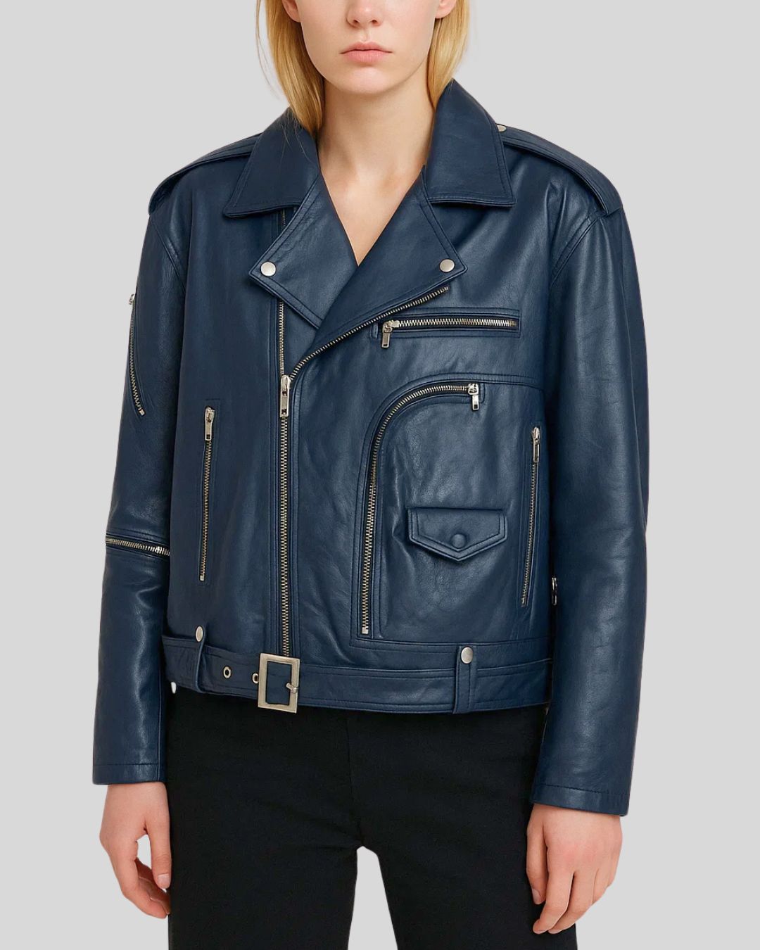 Navy blue leather biker jacket for women with oversized fit and silver zip closure – front view