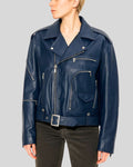 Women’s dark blue moto leather jacket with asymmetrical zips – side angled view