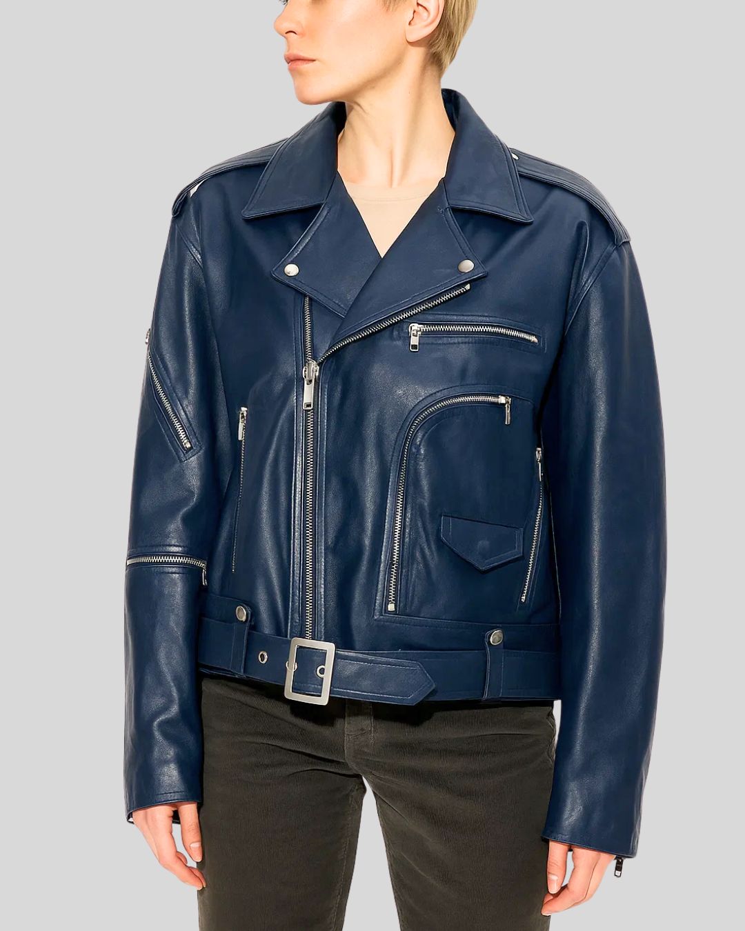 Women’s dark blue moto leather jacket with asymmetrical zips – side angled view
