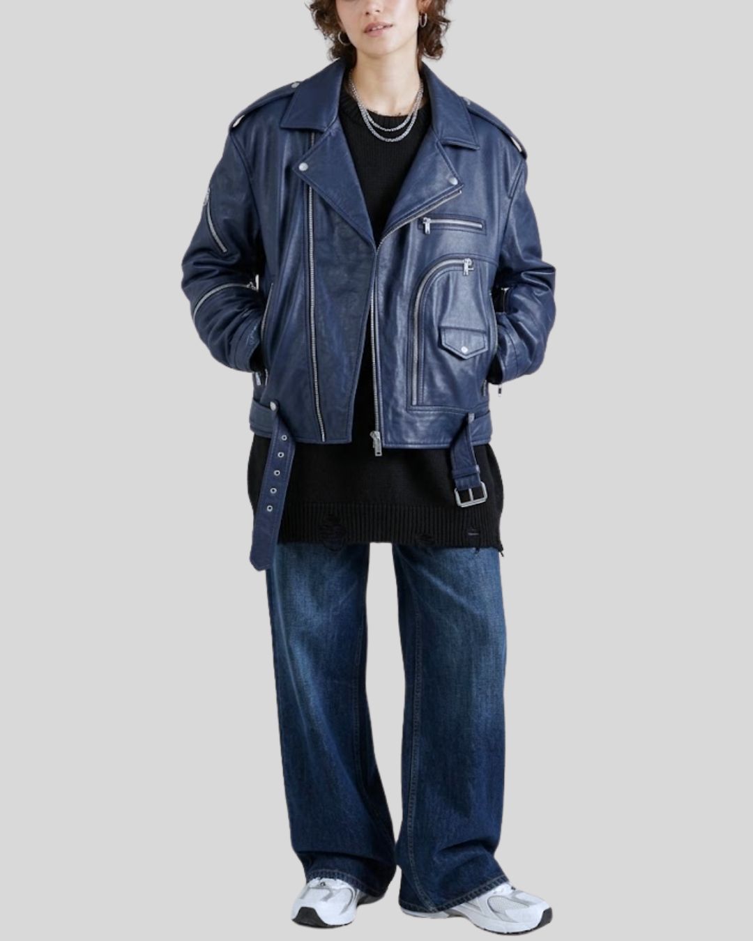 Aurevia Navy Oversized Leather Jacket