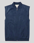 front view of Navy Loft blue suede bomber vest