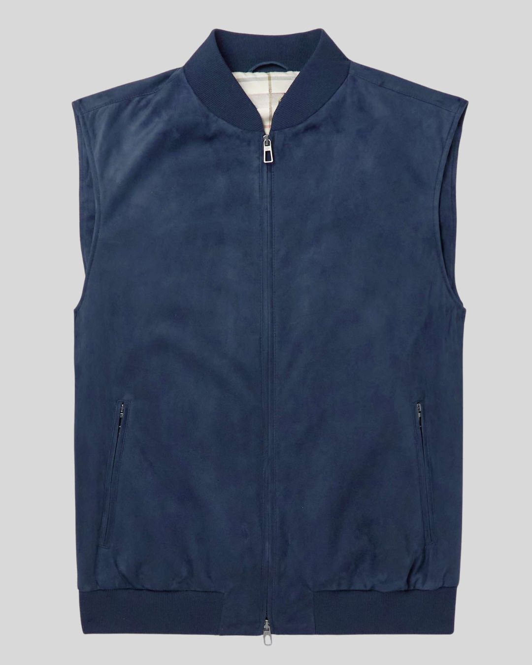 front view of Navy Loft blue suede bomber vest