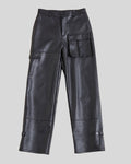 flat lay of black leather cargo pants – Night Ops front
