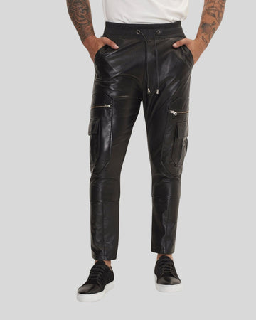  front view of black leather cargo joggers worn – Night Ops
