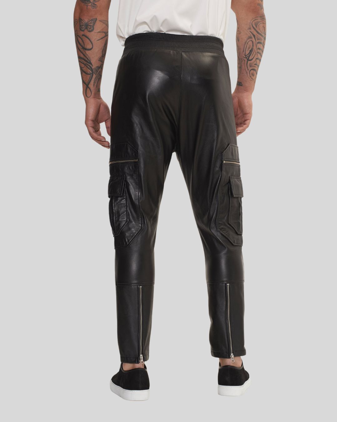  back view of black leather cargo joggers – Night Ops
