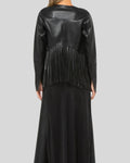  Back view of black fringe leather jacket with longline cut
