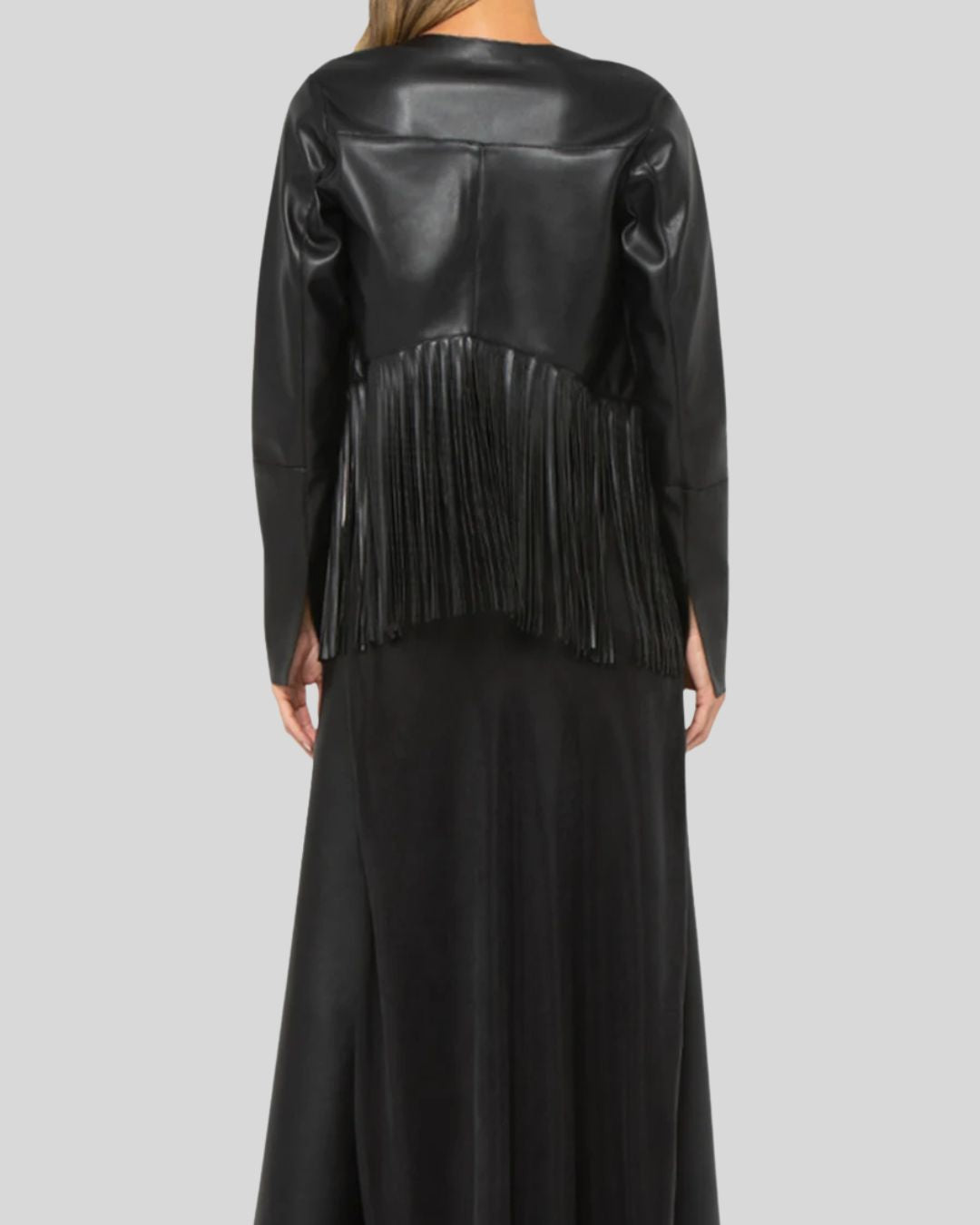  Back view of black fringe leather jacket with longline cut
