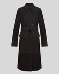  black suede trench coat with belt and notched lapels front view


