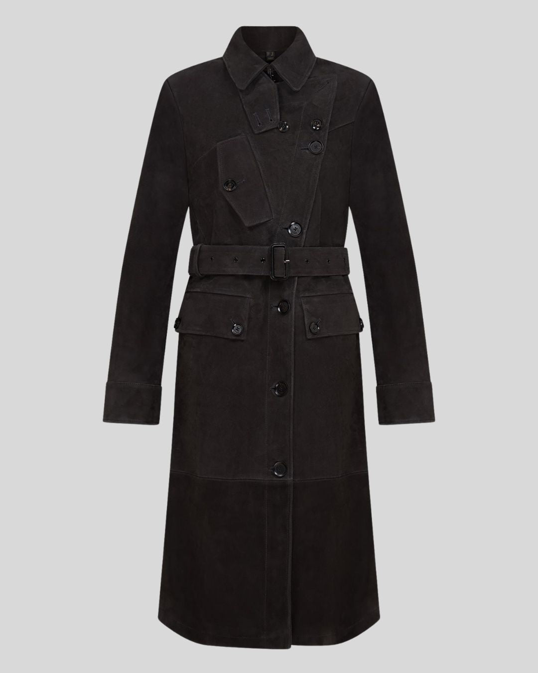  black suede trench coat with belt and notched lapels front view


