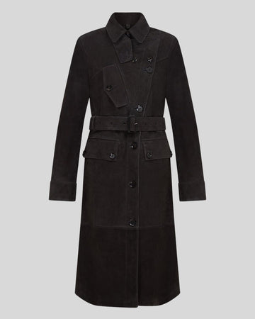  black suede trench coat with belt and notched lapels front view

