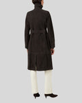  back view of black suede trench coat with belt and clean silhouette

