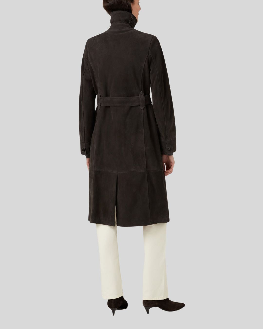  back view of black suede trench coat with belt and clean silhouette

