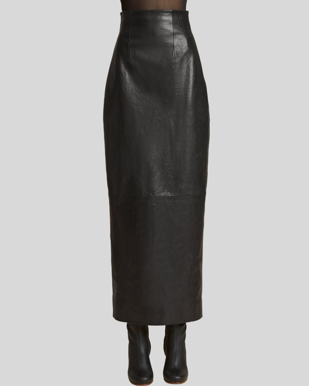  Black leather maxi skirt high-waisted front view - Nocturne Noir Skirt
