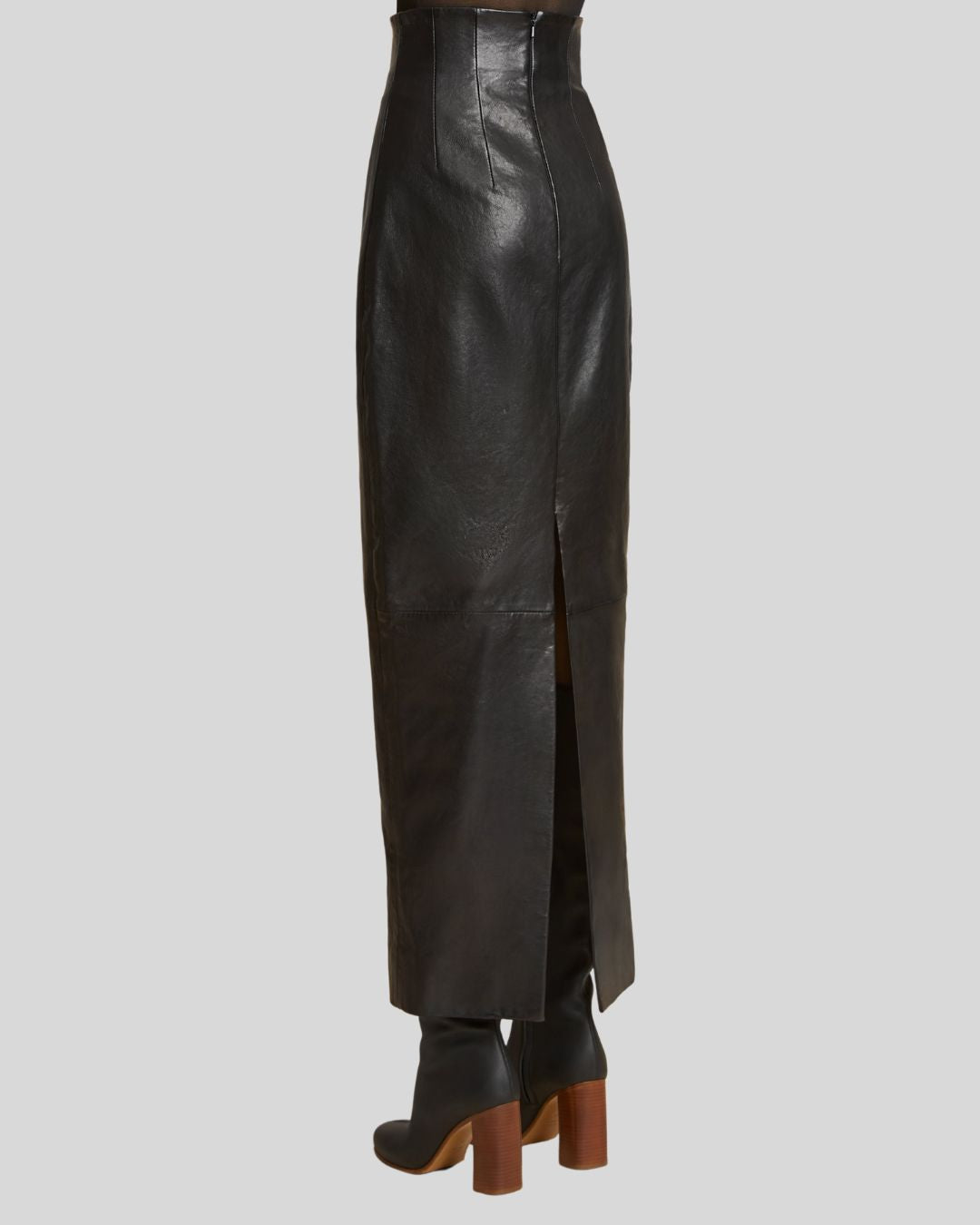  Back view black leather maxi skirt with rear slit detail - Nocturne Noir Skirt
