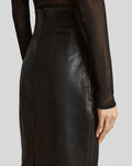 Close-up black leather maxi skirt high-waist seam detail - Nocturne Noir Skirt
