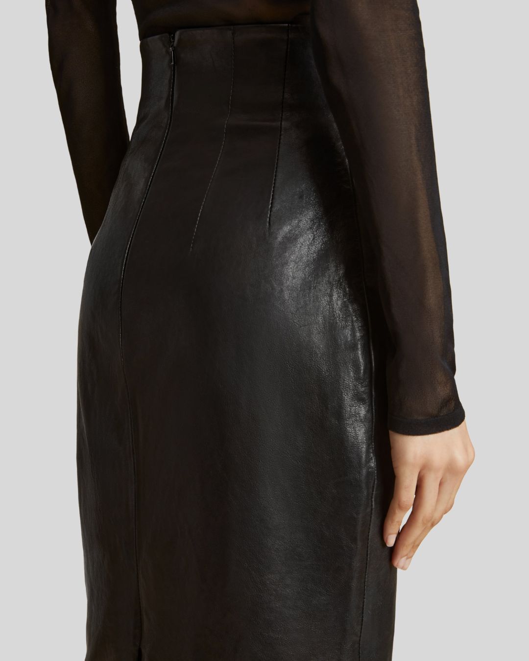 Close-up black leather maxi skirt high-waist seam detail - Nocturne Noir Skirt
