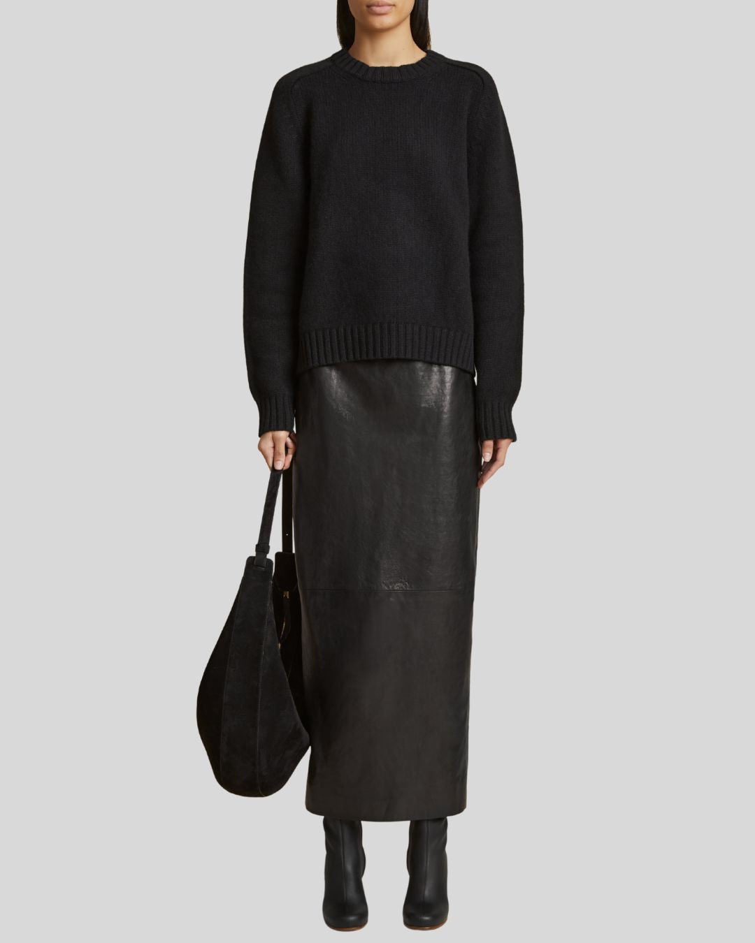 Black leather maxi skirt high-waisted front view - Nocturne Noir Skirt
