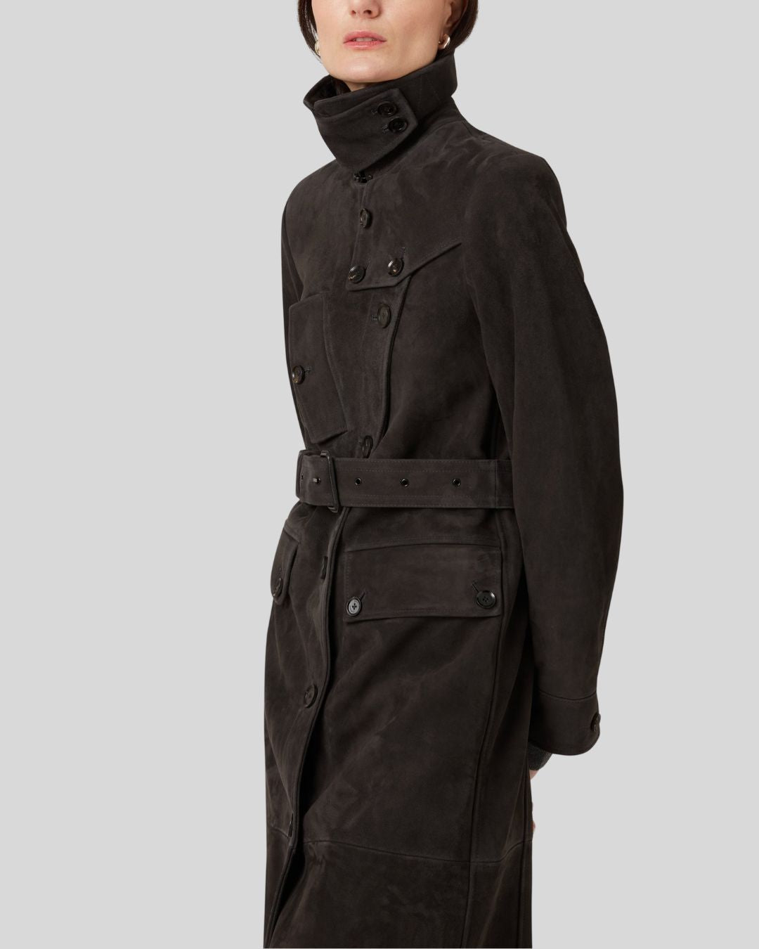  black suede trench coat with belt and notched lapels front view

