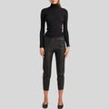 close-up of satin lined black leather cropped pants