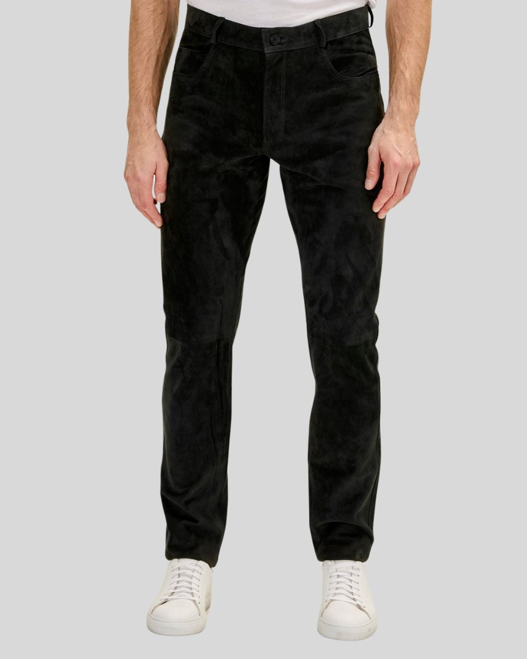  front view of Noir Depth black suede pants