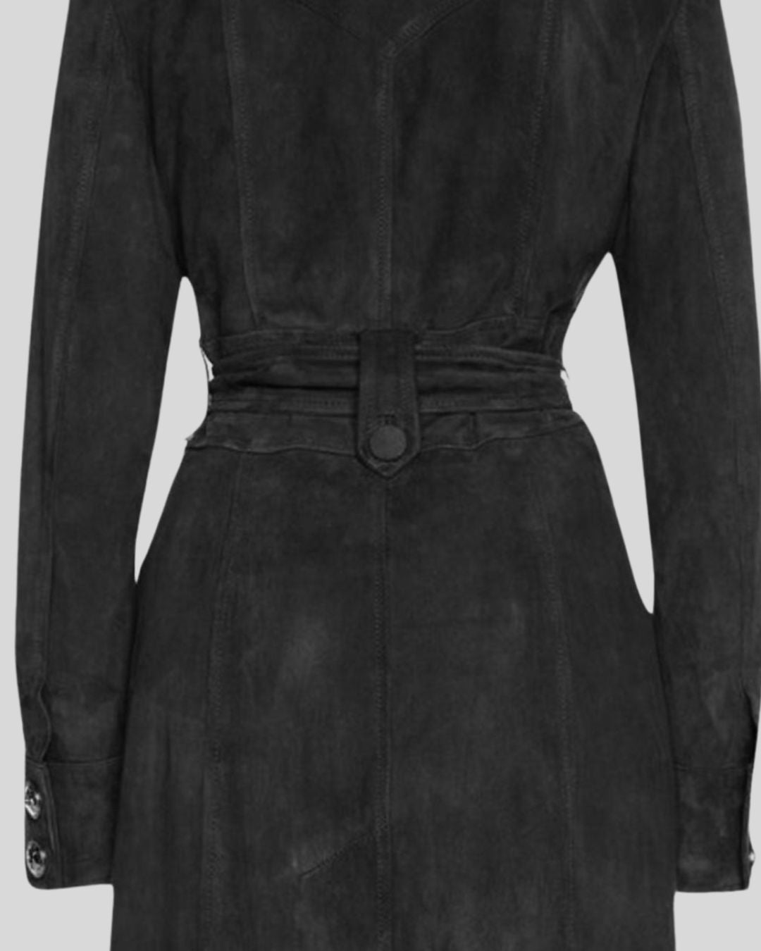 Close-up of back belt detail on Noir Empress black suede coat
