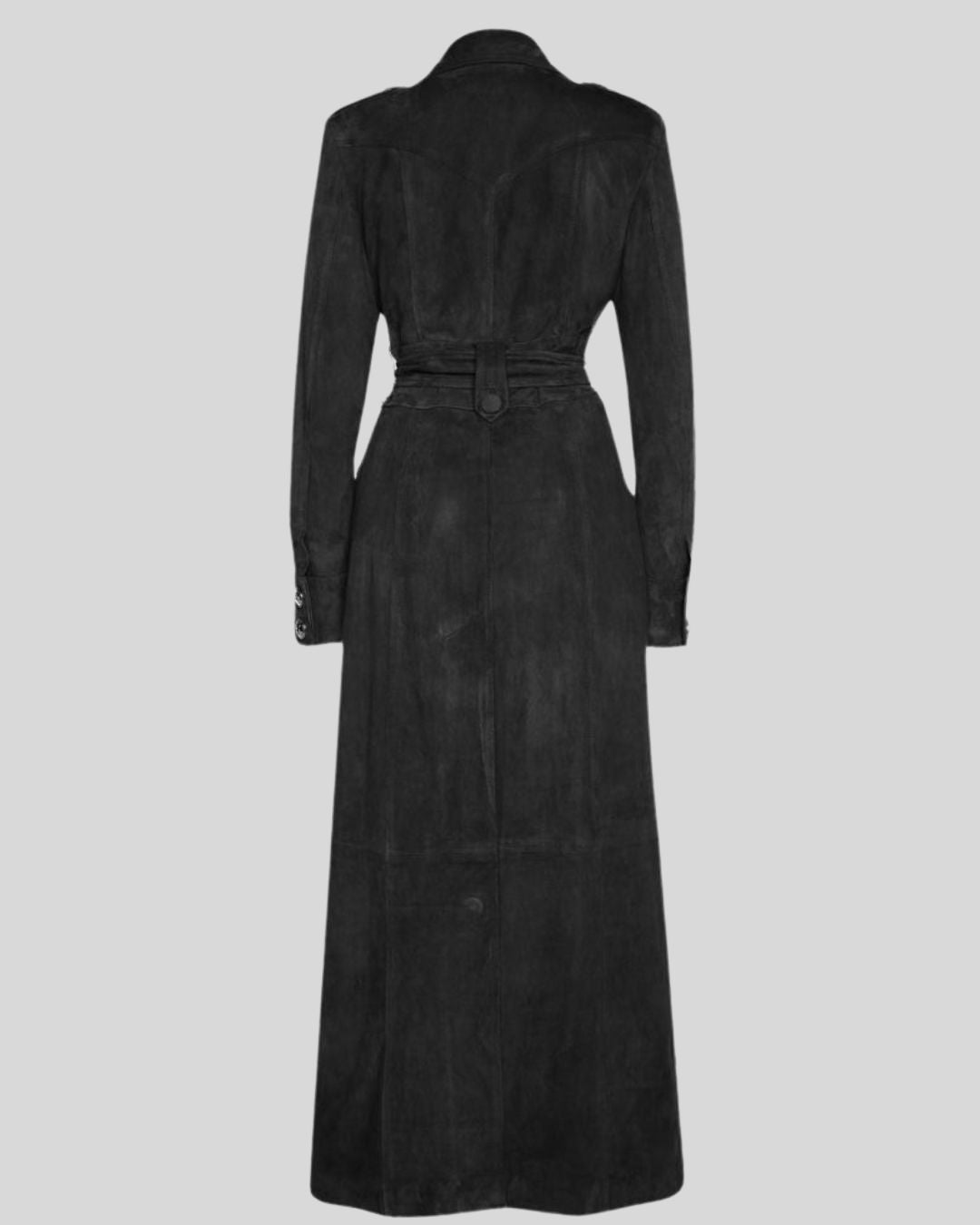 Back view of Noir Empress long black suede trench coat
