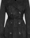  Close-up of belt and buttons on Noir Empress black suede trench coat

