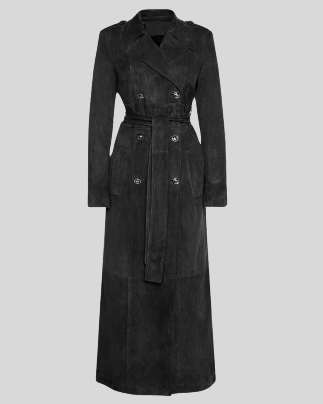 Front view of Noir Empress women's black suede trench coat with belt

