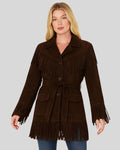 Woman wearing brown suede fringe belted jacket with front buttons and tie belt

