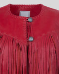  Close-up of collar and button detail on red fringe leather jacket

