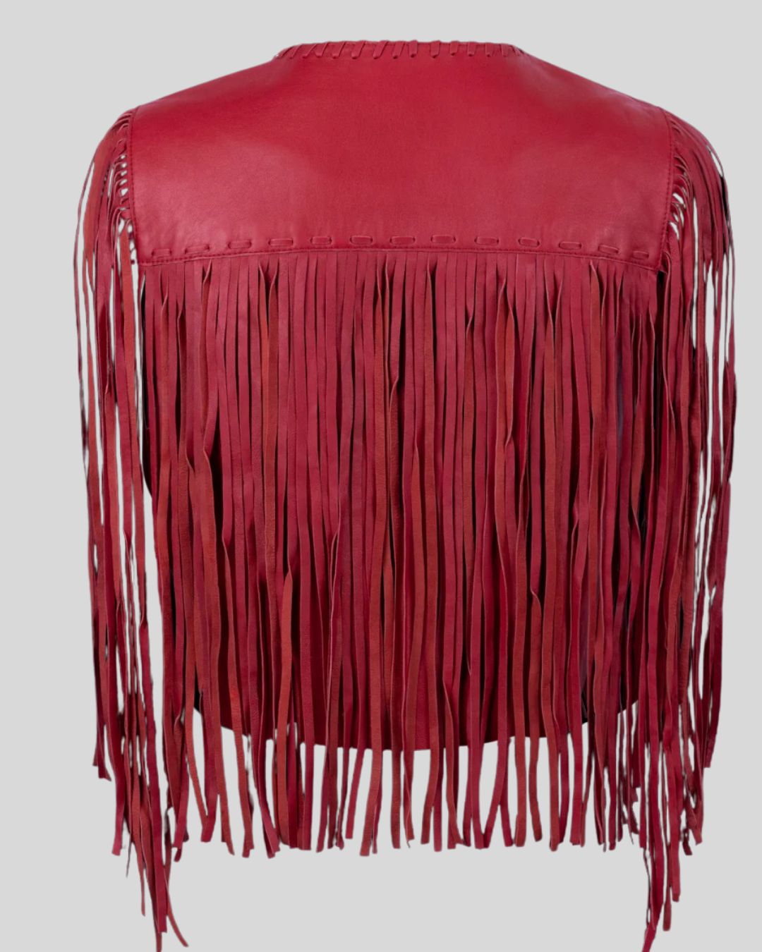 Front view of Nordwyn Crimson Fringe red fringe leather jacket