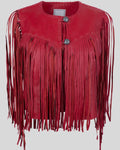 Front view of Nordwyn Crimson Fringe red fringe leather jacket