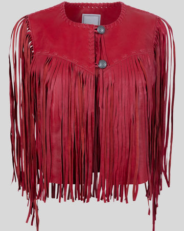 Front view of Nordwyn Crimson Fringe red fringe leather jacket