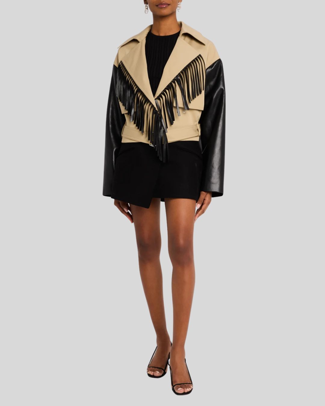 Front view of women's western suede jacket with silver snap closure
