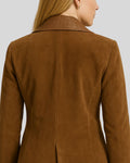 Close up view from back side of suede blazer for women
