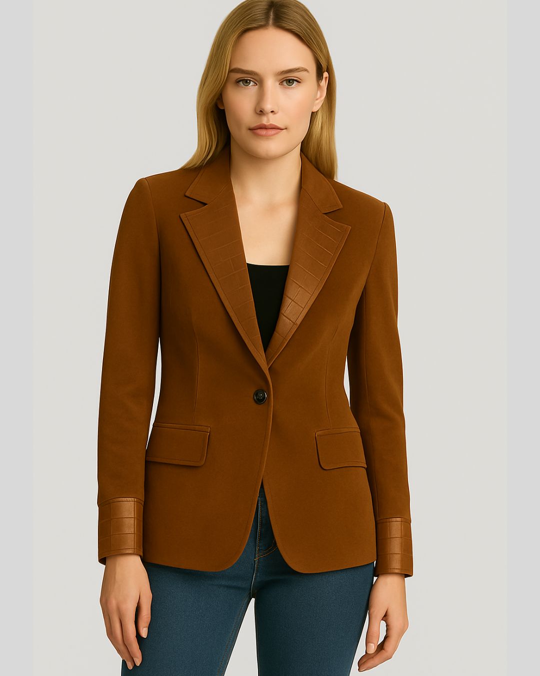  Full front view of woman in brown leather blazer with croc lapel
