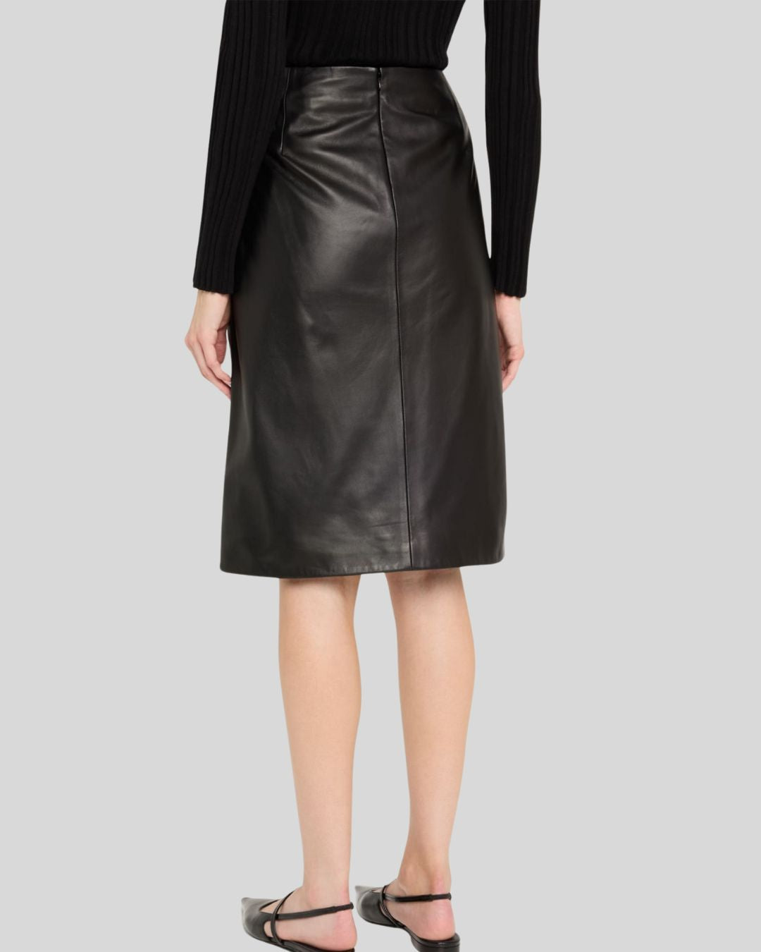 Women's black leather slit skirt back view - Nordwyn Noir Skirt
