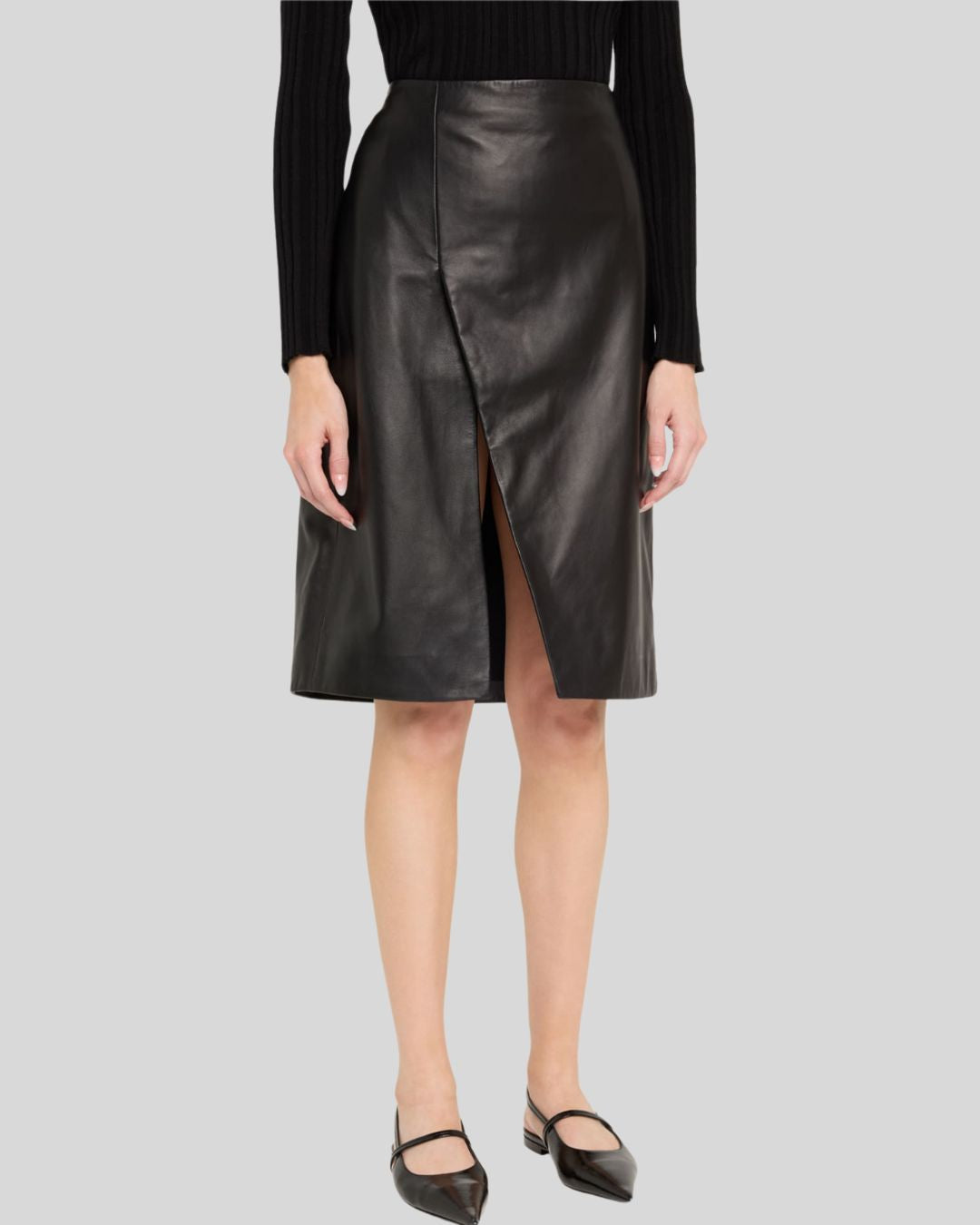 Black leather slit skirt knee-length front view - Nordwyn Noir Skirt
