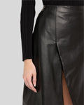  Close-up black leather slit skirt waist and slit detail - Nordwyn Noir Skirt
